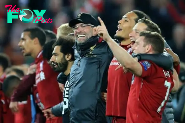 Anfield, Liverpool, UK. 7th May, 2019. UEFA Champions League football, semi final second leg, Liverpool versus FC Barcelona; Liverpool manager Jurgen Klopp celebrates after the final whistle with Mohamed Salah of Liverpool and Virgil van Dijk of Liverpool in front of the Kop as they sing You'll Never Walk Alone Credit: Action Plus Sports/Alamy Live News