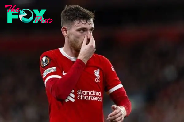 LIVERPOOL, ENGLAND - Thursday, April 11, 2024: Liverpool's Andy Robertson during the UEFA Europa League Quarter-Final 1st Leg match between Liverpool FC and BC Atalanta at Anfield. (Photo by David Rawcliffe/Propaganda)