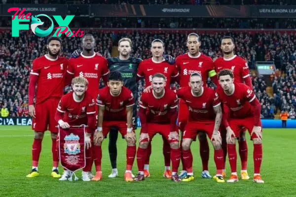 LIVERPOOL, ENGLAND - Thursday, April 11, 2024: Liverpool players line-up for a team group photograph before the UEFA Europa League Quarter-Final 1st Leg match between Liverpool FC and BC Atalanta at Anfield. (Photo by David Rawcliffe/Propaganda)