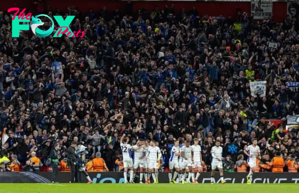 LIVERPOOL, ENGLAND - Thursday, April 11, 2024: Atalanta celebrate their side's second goal during the UEFA Europa League Quarter-Final 1st Leg match between Liverpool FC and BC Atalanta at Anfield. (Photo by David Rawcliffe/Propaganda)