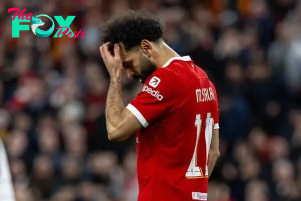 LIVERPOOL, ENGLAND - Thursday, April 11, 2024: Liverpool's Mohamed Salah looks dejected as his goal is ruled out for off-side during the UEFA Europa League Quarter-Final 1st Leg match between Liverpool FC and BC Atalanta at Anfield. (Photo by David Rawcliffe/Propaganda)