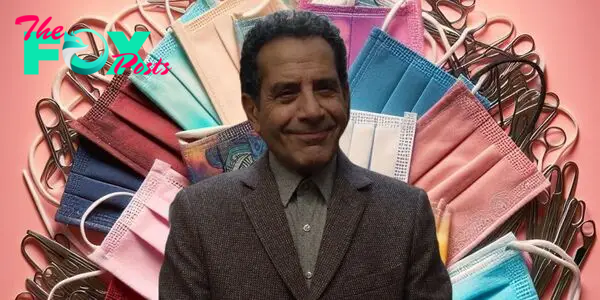 Adrian Monk, played by Tony Shalhoub, in front of a bunch of face masks and pink background