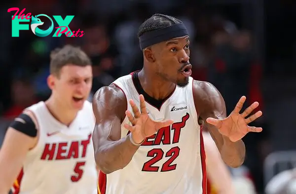 Jimmy Butler #22 of the Miami Heat reacts during overtime against the Atlanta Hawks