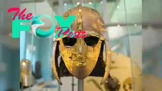 The Sutton Hoo helmet from Angle-Saxon ship burial in AD 600 in The British Museum.