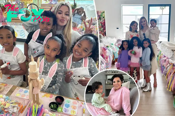 A split photo of Khloe Kardashian posing with Dream, Psalm, Chicago and True and another photo of KHloe Kardashian posing with Dream, Chicago and True and a small photo of Kris Jenner sitting with Tatum in her lap