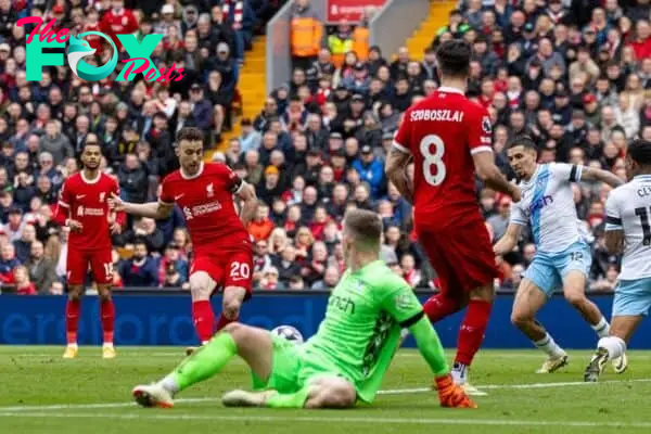 LIVERPOOL, ENGLAND - Sunday, April 14, 2024: Liverpool's Diogo Jota sees his shot blocked during the FA Premier League match between Liverpool FC and Crystal Palace FC at Anfield. (Photo by David Rawcliffe/Propaganda)
