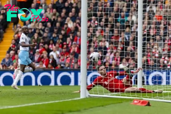 LIVERPOOL, ENGLAND - Sunday, April 14, 2024: Liverpool's Andy Robertson clears the ball off the goal-line during the FA Premier League match between Liverpool FC and Crystal Palace FC at Anfield. (Photo by David Rawcliffe/Propaganda)