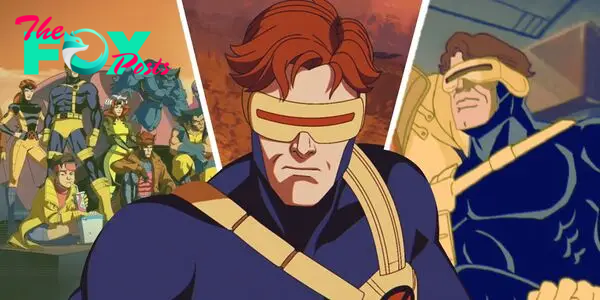 An edited image of Cyclops wearing his visor and blue suit alongside the other X-Men in X-Men '97