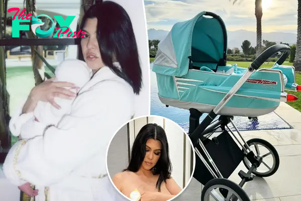 Kourtney Kardashian pumping breast milk. and her with Rocky and a split her her stroller.