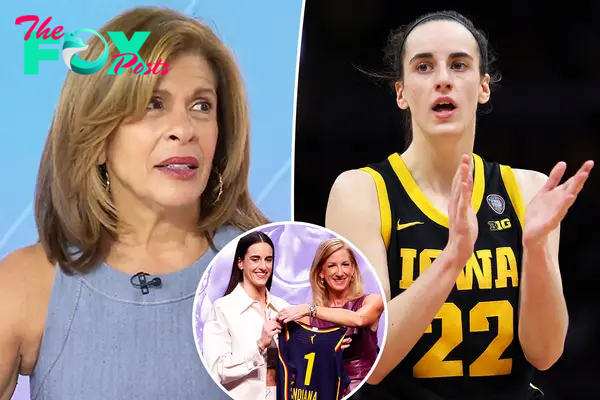 A split photo of Hoda Kotb on "Today" and Caitlin Clark playing basketball and a small photo of Caitlin Clark at the WNBA Draft