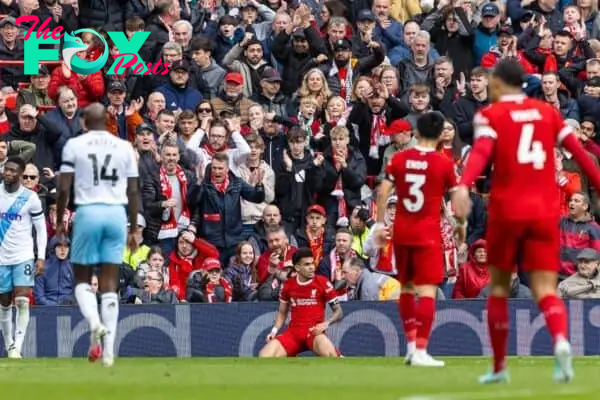 LIVERPOOL, ENGLAND - Sunday, April 14, 2024: Liverpool's Luis Díaz reacts after missing a chance during the FA Premier League match between Liverpool FC and Crystal Palace FC at Anfield. (Photo by David Rawcliffe/Propaganda)