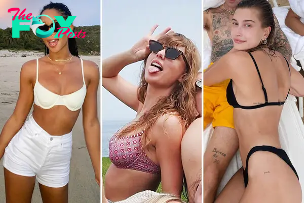 Laura Harrier, Taylor Swift and Hailey Bieber wearing Solid and Striped bikinis