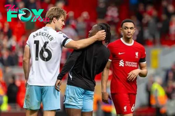 LIVERPOOL, ENGLAND - Sunday, April 14, 2024: Liverpool's Trent Alexander-Arnold (R) looks dejected after the FA Premier League match between Liverpool FC and Crystal Palace FC at Anfield. Crystal Palace won 1-0. (Photo by David Rawcliffe/Propaganda)