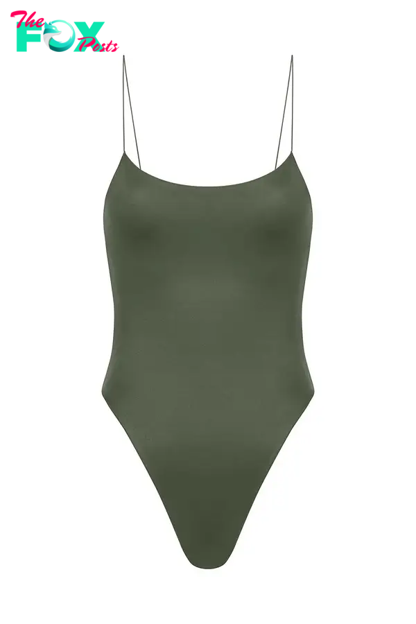 An olive one-piece swimsuit