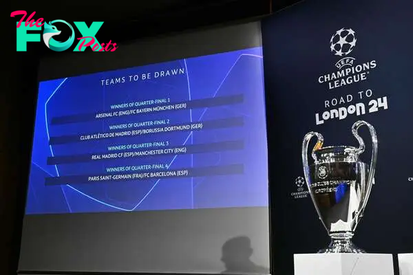 The results are displayed near the trophy after the 2023-2024 UEFA Champions League football tournament quarter-finals and semi-finals draw at the House of European Football in Nyon, on March 15, 2024. (Photo by Fabrice COFFRINI / AFP)