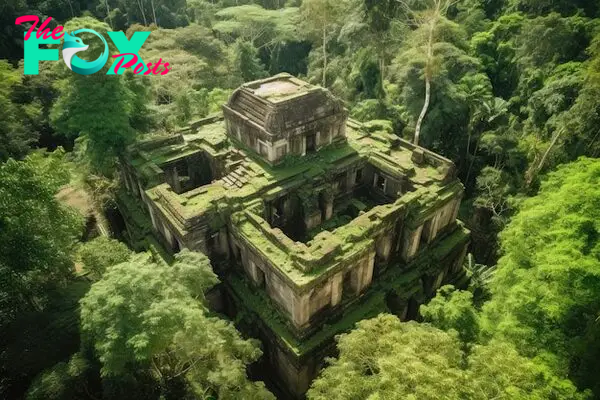 Premium AI Image | A large abandoned building in the jungle