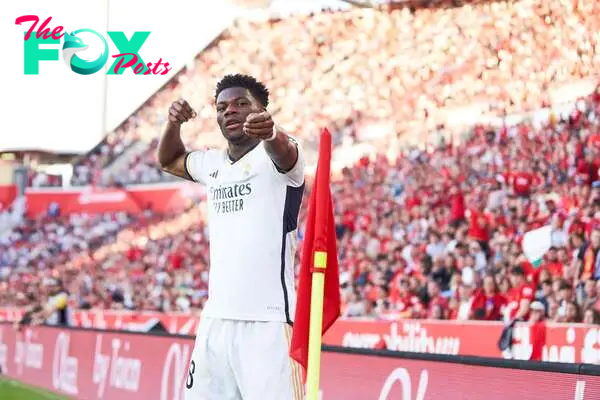 MALLORCA, SPAIN - APRIL 13: Aurelien Tchouameni of Real Madrid celebrates scoring his team's first goal during the LaLiga EA Sports match between RCD Mallorca and Real Madrid CF at Estadi de Son Moix on April 13, 2024 in Mallorca, Spain. (Photo by Rafa Babot/Getty Images)