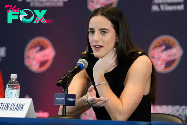 Caitlin Clark in a press conference. 