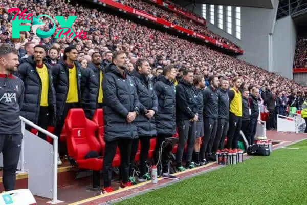 LIVERPOOL, ENGLAND - Sunday, April 14, 2024: Liverpool manager Jürgen Klopp and his staff stand for a moments' of silence to remember the 97 victims of the Hillsborough Stadium Disaster before the FA Premier League match between Liverpool FC and Crystal Palace FC at Anfield. (Photo by David Rawcliffe/Propaganda)