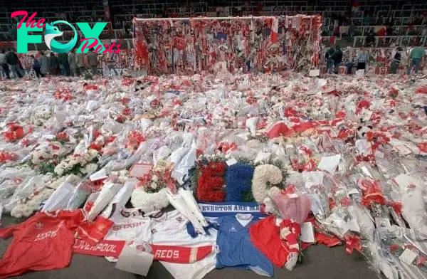 April 17, 1989, floral tributes in front of the Kop - Hillsborough disaster (Picture by: Peter Kemp / AP/Press Association Images)