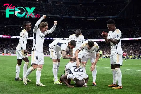 MADRID, SPAIN - MARCH 10: Antonio Rudiger of Real Madrid celebrates after scoring their side's second goal with his teammates during the LaLiga EA Sports match between Real Madrid CF and Celta Vigo at Estadio Santiago Bernabeu on March 10, 2024 in Madrid, Spain. (Photo by Alvaro Medranda/Quality Sport Images/Getty Images)