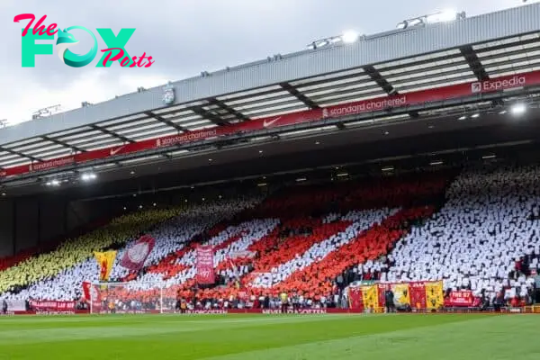 LIVERPOOL, ENGLAND - Sunday, April 14, 2024: Liverpool supporters mosaic for the 97 victims of the Hillsborough Stadium Disaster before the FA Premier League match between Liverpool FC and Crystal Palace FC at Anfield. (Photo by David Rawcliffe/Propaganda)