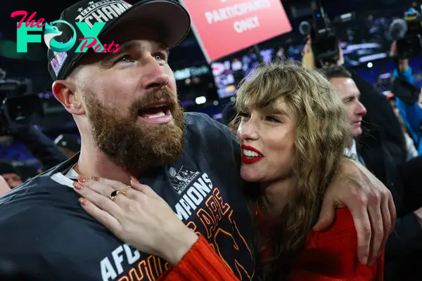 Travis Kelce and Taylor Swift after the 2024 AFC Championship Game.