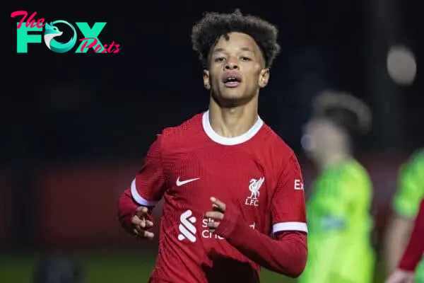 LIVERPOOL, ENGLAND - Saturday, January 20, 2024: Liverpool's Trent Kone-Doherty celebrates after scoring the fourth goal during the FA Youth Cup 4th Round match between Liverpool FC Under-18's and Arsenal FC Under-18's at the Liverpool Academy. (Photo by David Rawcliffe/Propaganda)