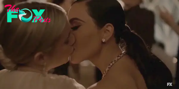 Kim Kardashian and Emma Roberts kissing "American Horror Story"