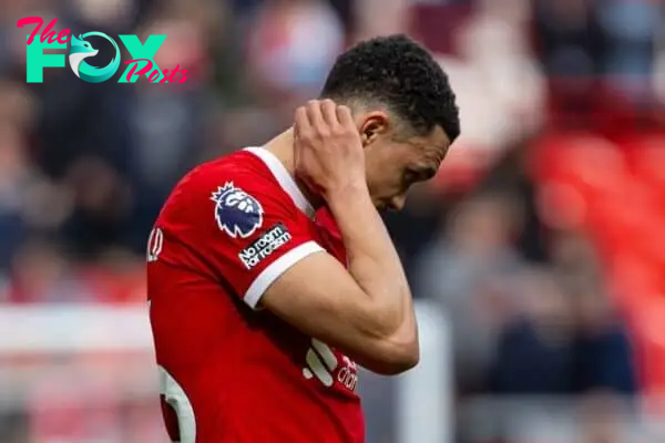 LIVERPOOL, ENGLAND - Sunday, April 14, 2024: Liverpool's Trent Alexander-Arnold looks dejected after the FA Premier League match between Liverpool FC and Crystal Palace FC at Anfield. Crystal Palace won 1-0. (Photo by David Rawcliffe/Propaganda)