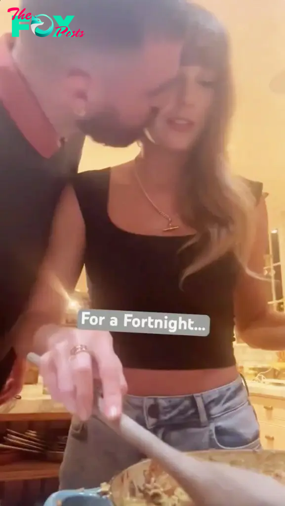 Taylor Swift and Travis Kelce kissing and cooking.