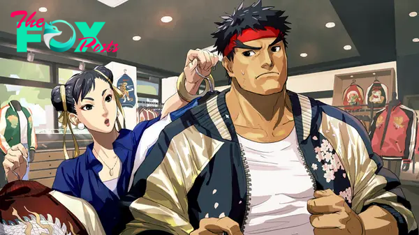 Chun Li and Ryu in a clothes shop in Street Fighter 6. Ryu looks uncomfortable.