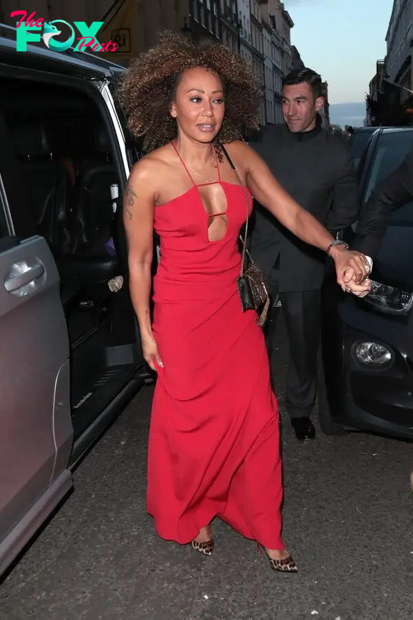 Mel B arriving at Victoria Beckham's 50th birthday party.
