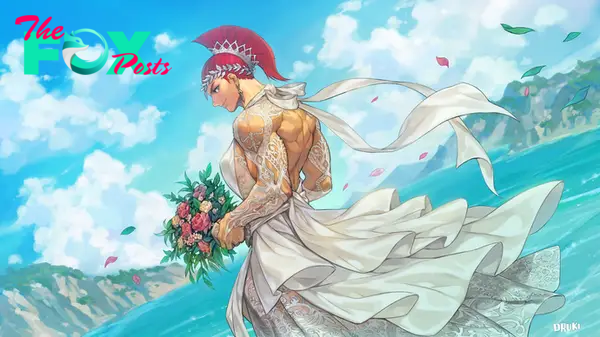 Marisa in Street Fighter 6. She wears a wedding dress along with her Roman helmet and holds a bouquet of flowers.