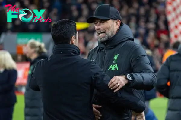 LIVERPOOL, ENGLAND - Saturday, December 23, 2023: Liverpool's manager Jürgen Klopp (R) and Arsenal's manager Mikel Arteta during the FA Premier League match between Liverpool FC and Arsenal FC at Anfield. (Photo by David Rawcliffe/Propaganda)