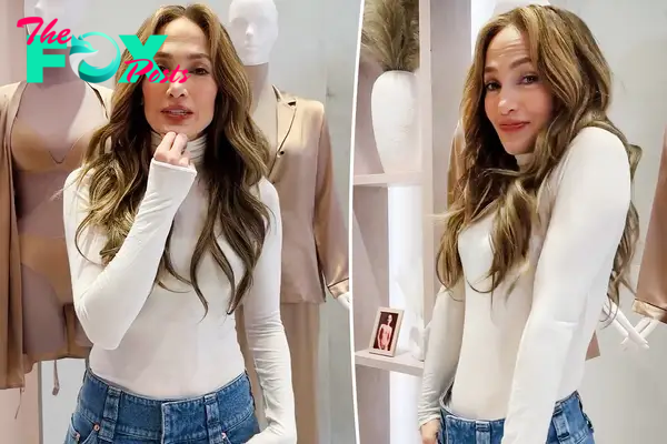 A split photo of Jennifer Lopez standing
