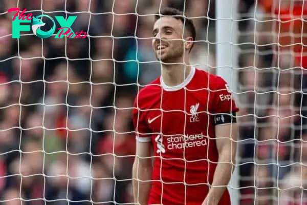 LIVERPOOL, ENGLAND - Sunday, April 14, 2024: Liverpool's Diogo Jota reacts after missing a chance during the FA Premier League match between Liverpool FC and Crystal Palace FC at Anfield. (Photo by David Rawcliffe/Propaganda)