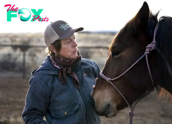 An older woman wearing a cap pets a horse