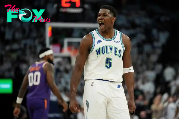Anthony Edwards #5 of the Minnesota Timberwolves celebrates during the second half in game one of the Western Conference First Round Playoffs against the Phoenix Suns at Target Center on April 20, 2024 in Minneapolis, Minnesota.