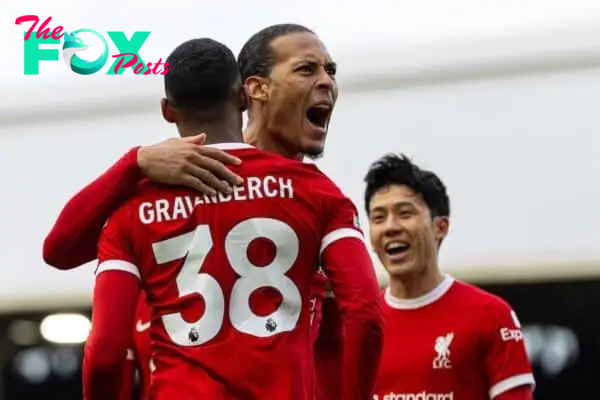 LONDON, ENGLAND - Sunday, April 21, 2024: Liverpool's Ryan Gravenberch (#38) celebrates with team-mate captain Virgil van Dijk after scoring the second goal during the FA Premier League match between Fulham FC and Liverpool FC at Craven Cottage. (Photo by David Rawcliffe/Propaganda)