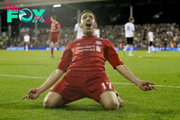 LONDON, ENGLAND - Monday, May 9, 2011: Liverpool's Maximiliano Ruben Maxi Rodriguez celebrates scoring the third of his hat-trick of goals against Fulham to put his side 4-1 up during the Premiership match at Craven Cottage. (Photo by David Rawcliffe/Propaganda)