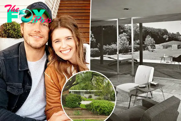 Chris Pratt and Katherine Schwarzenegger with an inset of the demolished home.