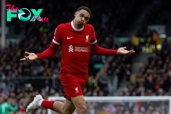 LONDON, ENGLAND - Sunday, April 21, 2024: Liverpool's Trent Alexander-Arnold celebrates after scoring the first goal during the FA Premier League match between Fulham FC and Liverpool FC at Craven Cottage. (Photo by David Rawcliffe/Propaganda)