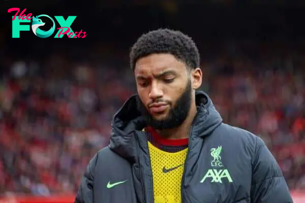 LIVERPOOL, ENGLAND - Sunday, April 14, 2024: Liverpool's substitute Joe Gomez before the FA Premier League match between Liverpool FC and Crystal Palace FC at Anfield. Crystal Palace won 1-0. (Photo by David Rawcliffe/Propaganda)