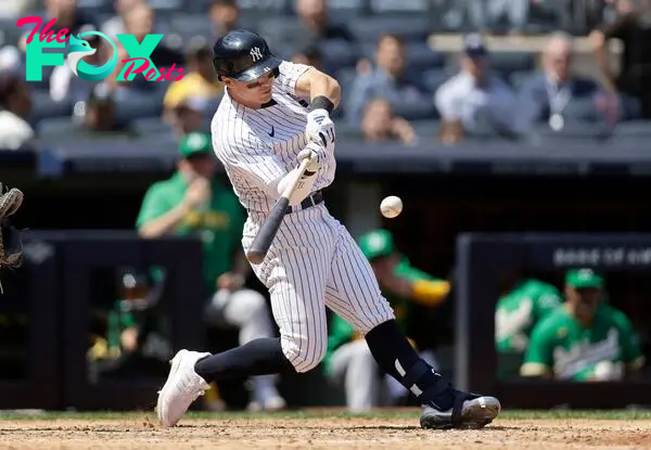 BRONX, NEW YORK - MAY 10: Anthony Volpe #11 of the New York Yankees connects on his fifth inning grand slam home run against the Oakland Athletics at Yankee Stadium on May 10, 2023 in Bronx, New York.   Jim McIsaac/Getty Images/AFP (Photo by Jim McIsaac / GETTY IMAGES NORTH AMERICA / Getty Images via AFP)