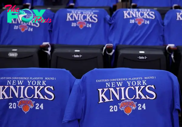 A view of the New York Knicks tees that are on the seats before game one of the Eastern Conference First Round Playoffs matchup between the New York Knicks and the Philadelphia 76ers at Madison Square Garden