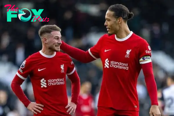 LONDON, ENGLAND - Sunday, April 21, 2024: Liverpool's Alexis Mac Allister (L) and captain Virgil van Dijk celebrate after the FA Premier League match between Fulham FC and Liverpool FC at Craven Cottage. Liverpool won 3-1. (Photo by David Rawcliffe/Propaganda)