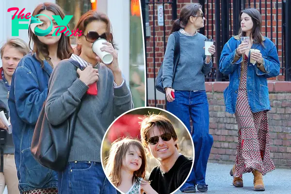 Katie Holmes and Suri Cruise with an inset of Suri and Tom Cruise.