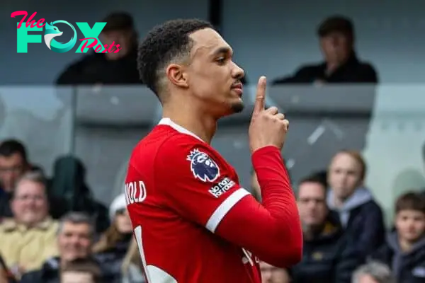 LONDON, ENGLAND - Sunday, April 21, 2024: Liverpool's Trent Alexander-Arnold celebrates after scoring the first goal during the FA Premier League match between Fulham FC and Liverpool FC at Craven Cottage. (Photo by David Rawcliffe/Propaganda)