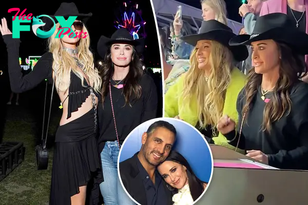 A split photo of Paris Hilton and Kyle Richards at Coachella and Paris Hilton and Kyle Richards playing a game and a small selfie of Mauricio Umansky and Kyle Richards